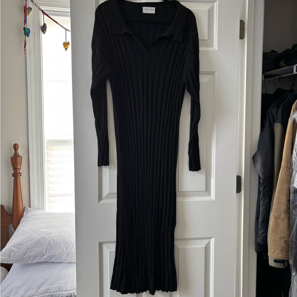 First Love Black Long Sleeve Ribbed Dress